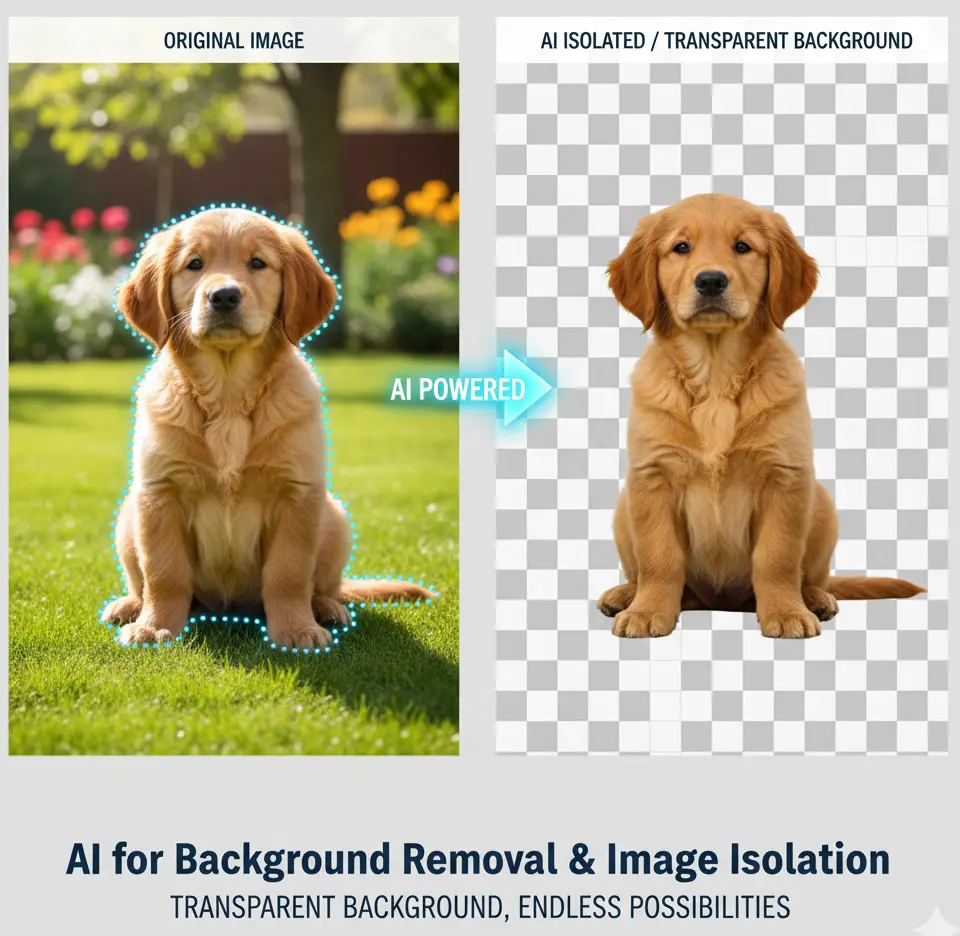 A split image showing a golden retriever puppy. On the left, the puppy sits on a grassy lawn with a blurred garden background. A dotted outline highlights the puppy. On the right, the same puppy is perfectly isolated against a transparent (checkerboard) background, demonstrating AI-powered image isolation for a transparent effect