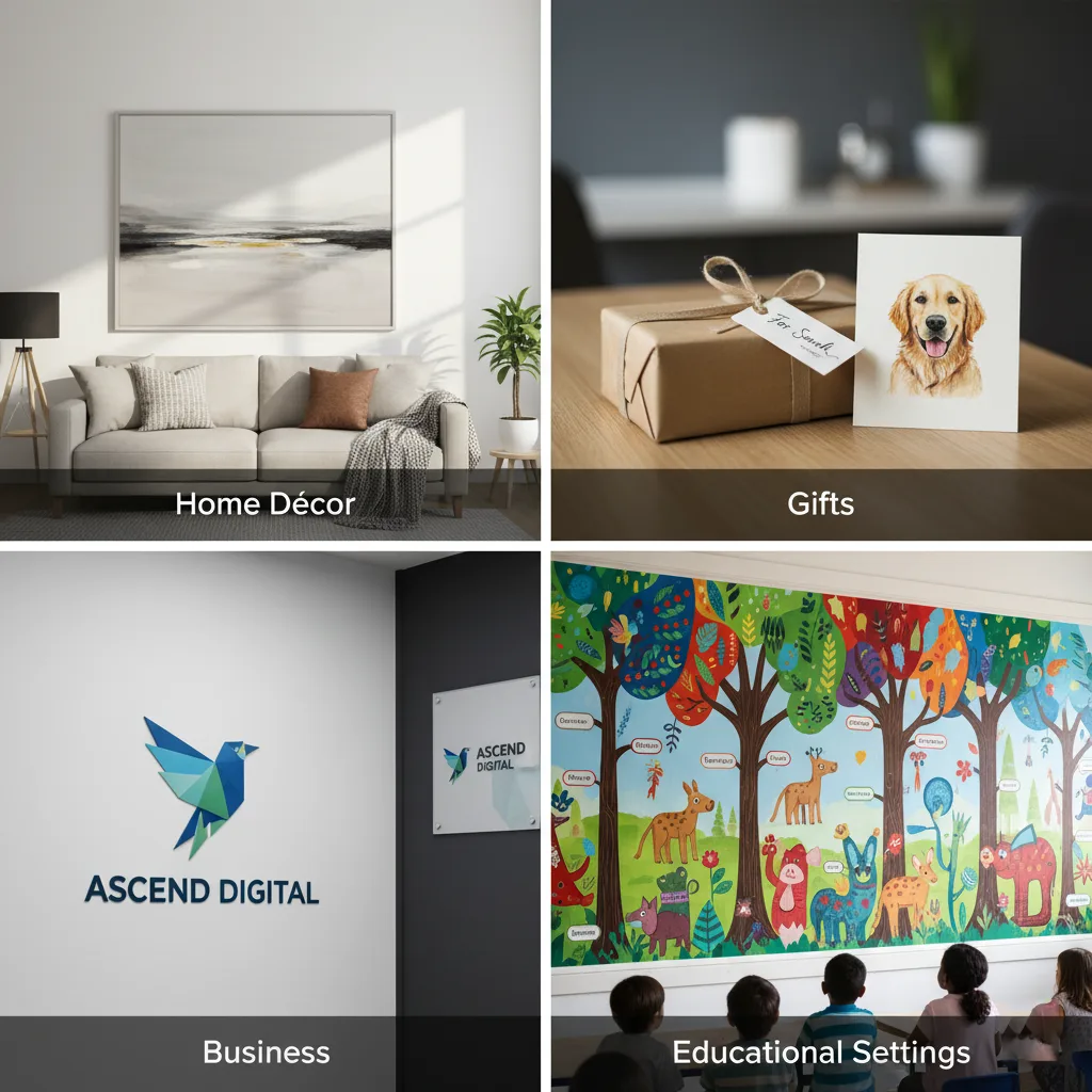Grid showing custom art for different uses: abstract painting for home décor, personalized pet portrait card as a gift, a professional business logo, and an educational mural in a classroom.