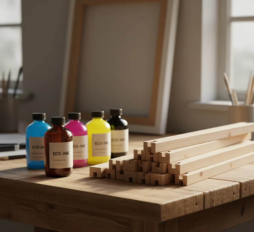 A close-up photo on a wooden workbench showing a neatly stacked pile of natural, light-colored wooden stretcher bars next to a row of five colorful bottles labeled "ECO-INK" in cyan, magenta, yellow, and black, with a blurred canvas frame and window in the background, emphasizing sustainable art materials.