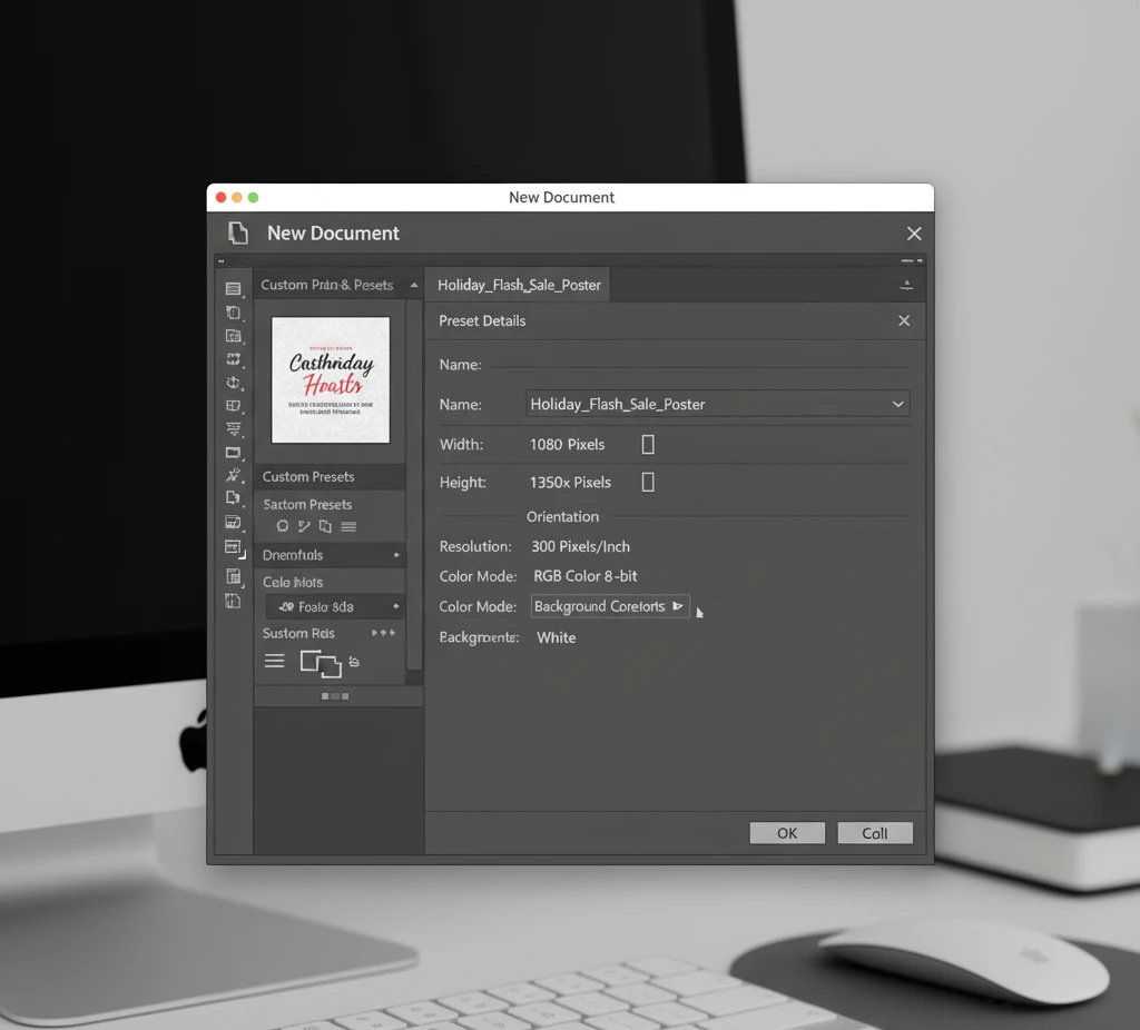 Setting up a new print document in Adobe Photoshop for poster marketing