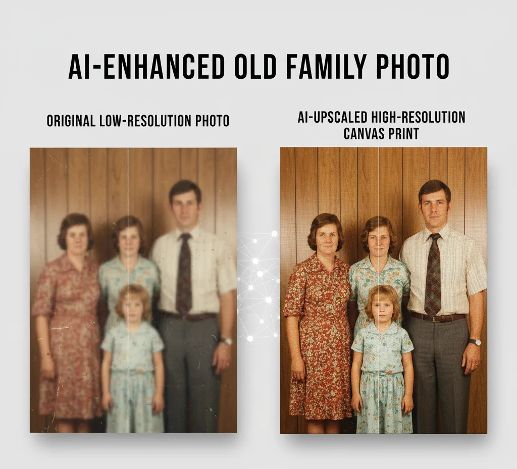A side-by-side comparison of an old family portrait against a wood-paneled background. On the left, the original low-resolution photo is blurry, faded, and shows visible wear, depicting two adults and a child. On the right, the AI-upscaled version is sharp, clear, and vibrant, with details like facial features, clothing patterns, and the wood grain significantly enhanced for a canvas print.