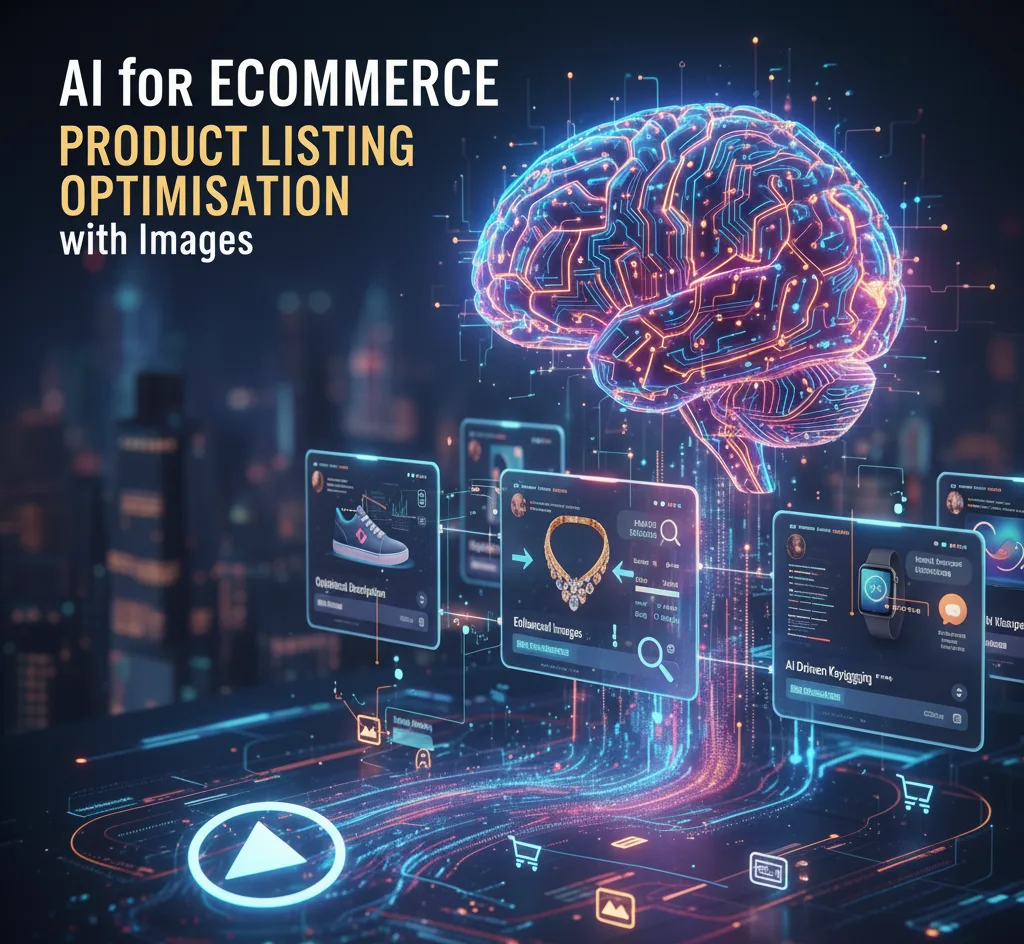 A futuristic brain-like AI glowing with neural networks, connected to multiple digital product listing screens showing optimized descriptions, enhanced images, and AI-driven keywords, all set against a blurry cityscape.