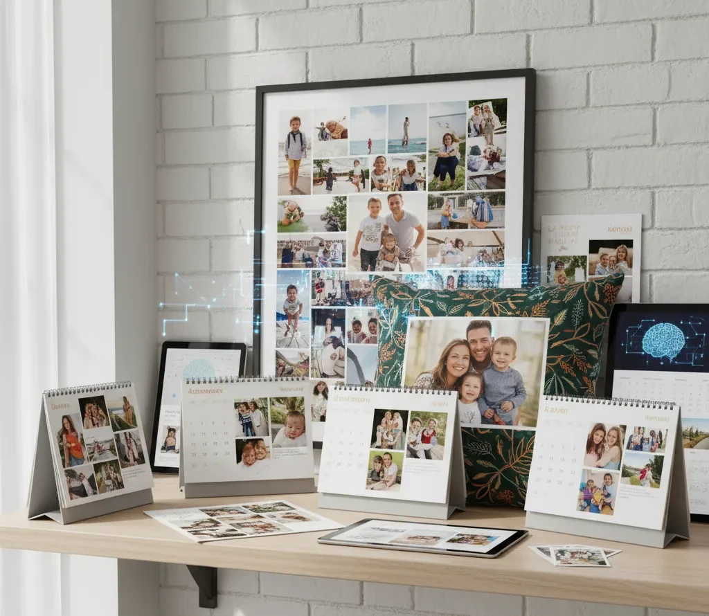 A bright display on a wooden shelf featuring a large framed photo collage wall art, several personalized photo calendars, a custom-designed photo cushion, and digital tablets, all showing family images with subtle blue digital lines indicating AI enhancement.
