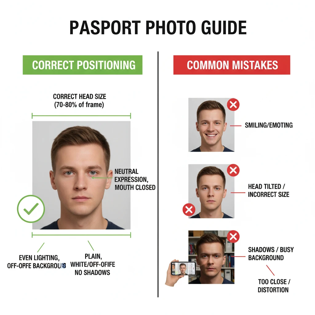 Passport photo requirements guide showing correct positioning and common mistakes to avoid