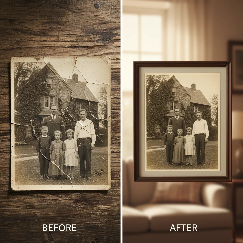 Before and after of a severely cracked and faded vintage family photo showing complete restoration by professional services.