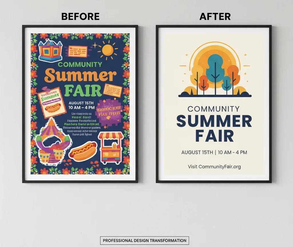 Before and After comparison of an event poster: 'Before' shows a cluttered, poorly designed poster, while 'After' displays the same event with a clean, professional, and visually appealing design.