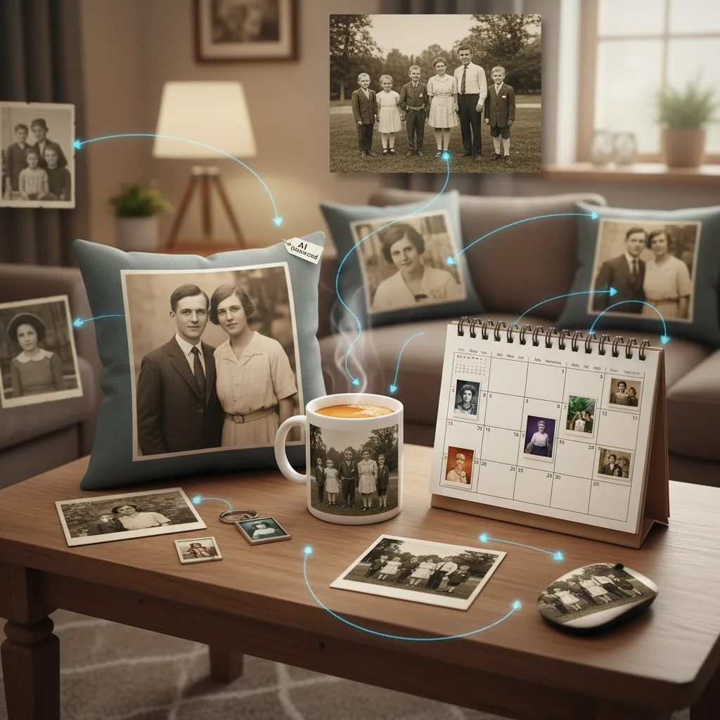 A cozy living room scene with a wooden coffee table. On the table, various personalized gifts are displayed, all featuring AI-restored vintage photographs. These include a throw cushion with a couple's portrait, a coffee mug with a family photo, a desk calendar showcasing different restored images for each day, a keychain, and a mousepad. Blurred old photographs in frames and on a sofa in the background, along with glowing blue lines connecting them to the gifts, visually represent the journey of restoration and application.