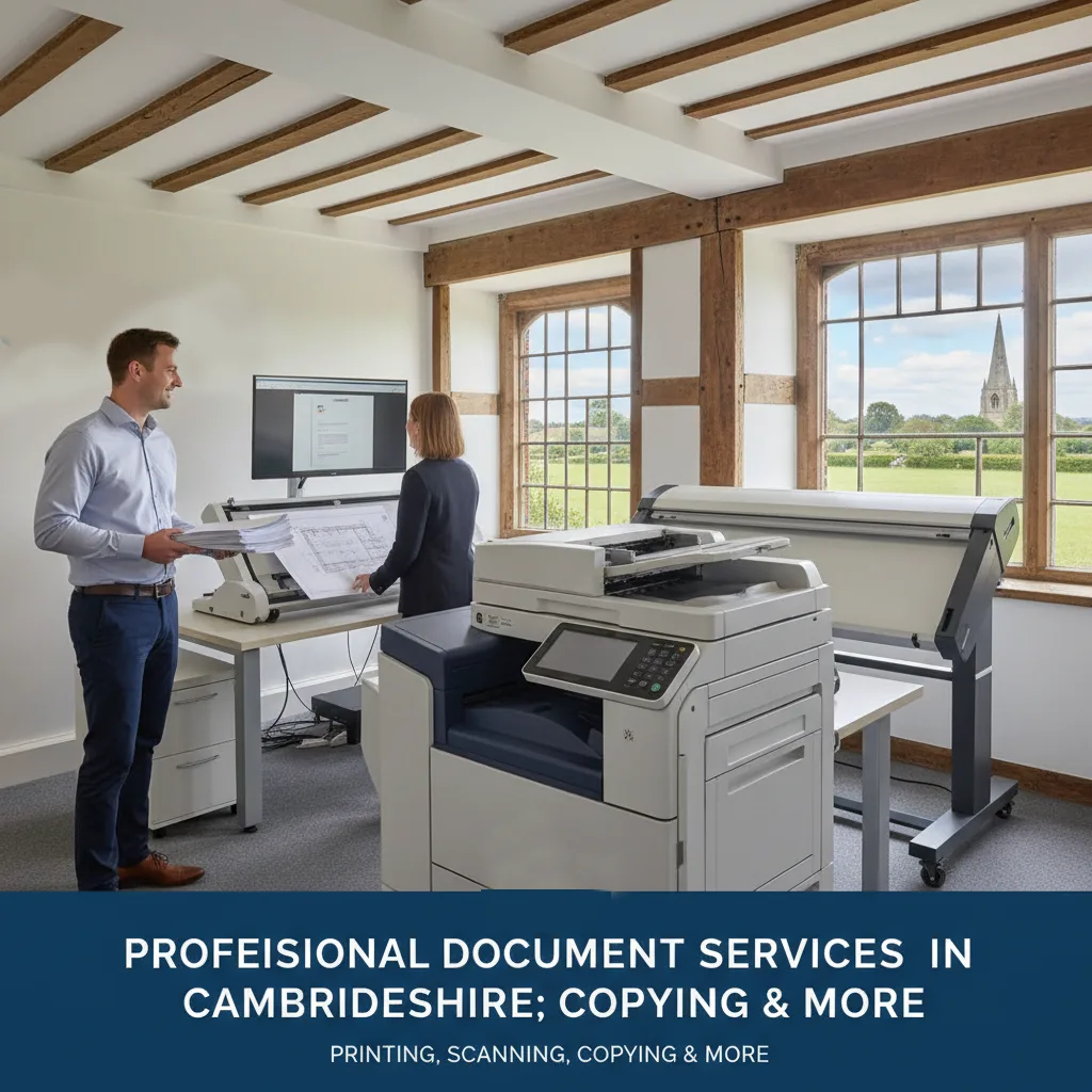 Two business professionals using high-volume printing and scanning equipment in a modern office, featuring a view of the Cambridgeshire countryside outside.