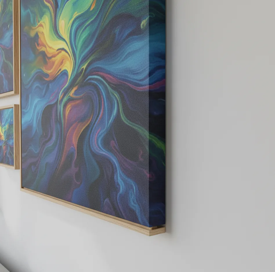 A close-up, side-angle view of a thick gallery-wrapped canvas print hanging on a white wall, clearly showing the clean, folded edges of the canvas where the image wraps around the 1.5-inch stretcher bar.