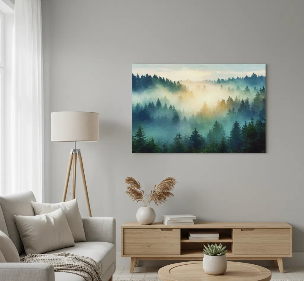A minimalist living room featuring a large canvas print of a misty forest landscape above a wooden media console, with a grey sofa, floor lamp, and coffee table.