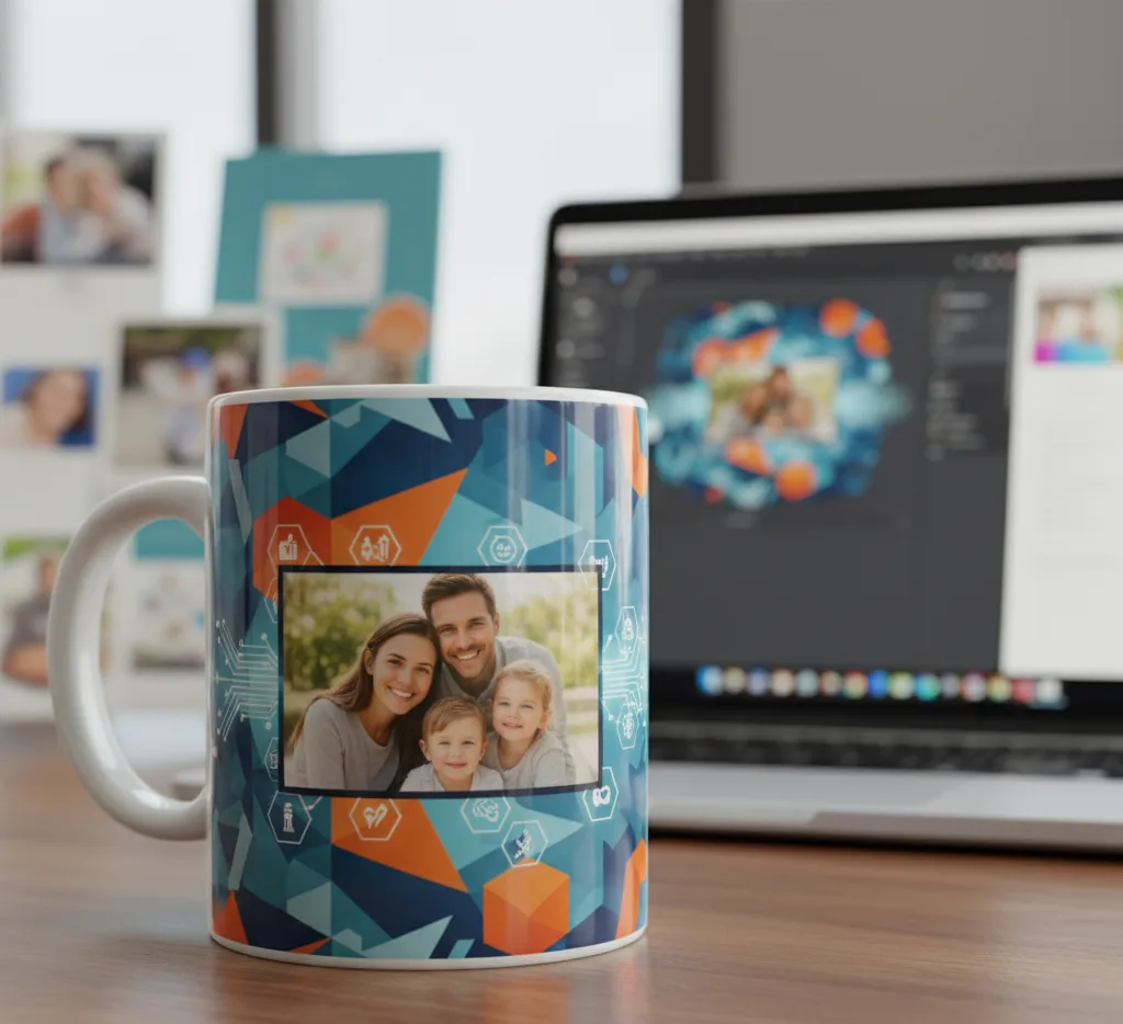 A personalized ceramic mug on a wooden desk featuring a smiling family photo framed by a modern geometric pattern with subtle circuit board elements, suggesting AI-driven design, with a laptop in the blurred background.