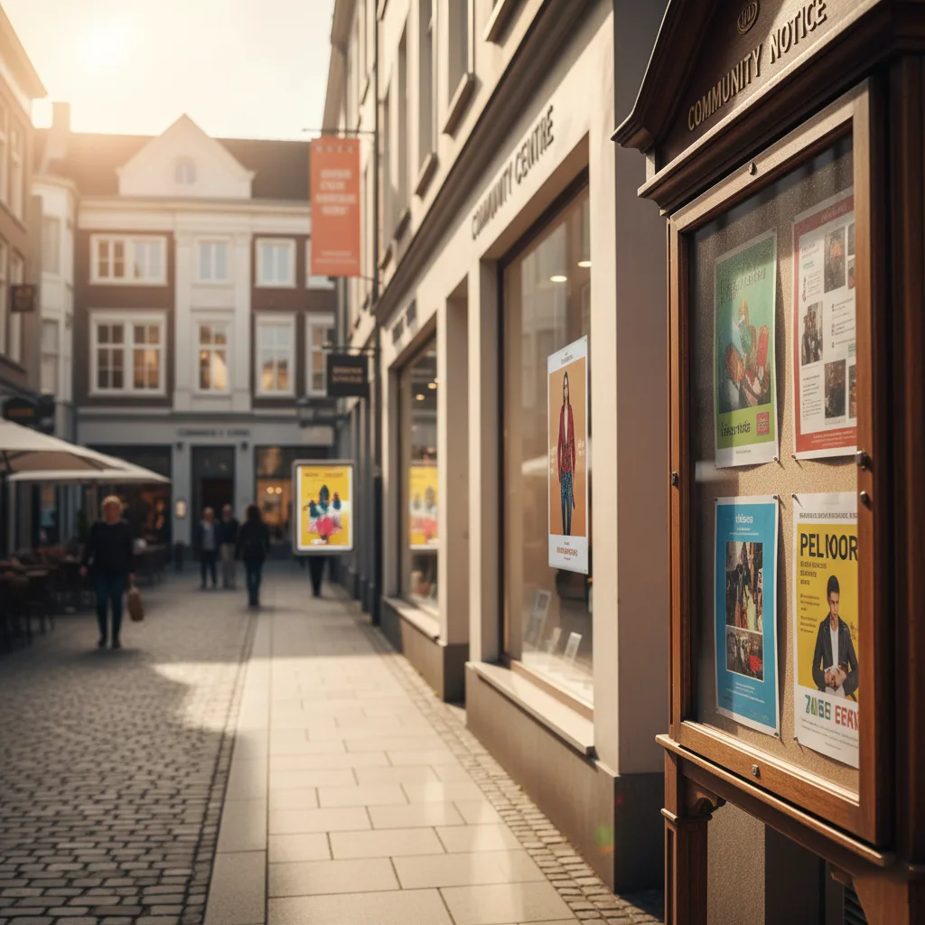 Professional collage showing strategic poster placement in public spaces: a poster in a clear shop window, on a community notice board, and inside a well-lit community center hallway.