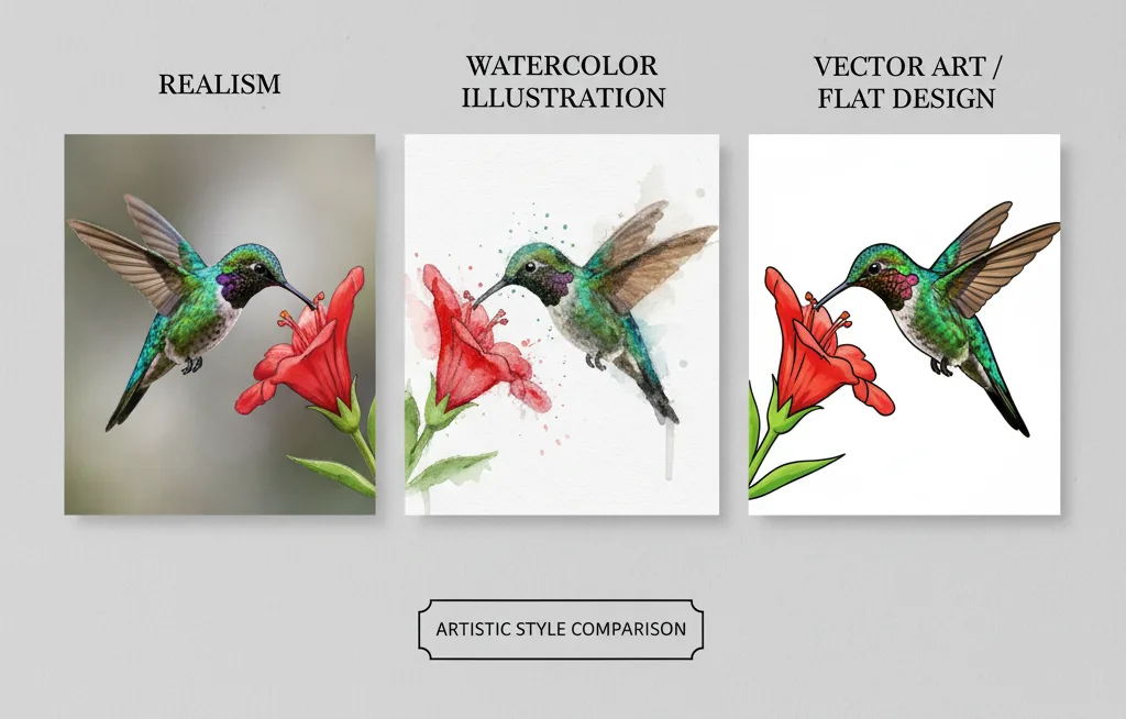 A style comparison display showing the same subject (e.g., a person or landscape) rendered in four different styles: photorealistic, watercolor, abstract, and vector illustration.