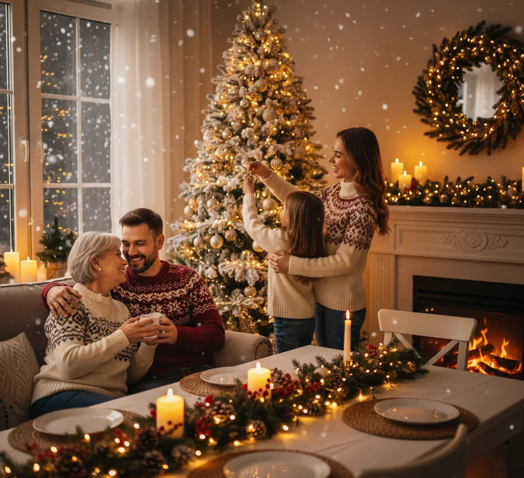 Multi-generational family celebrating Christmas in a warm, decorated home with a festive dinner table
