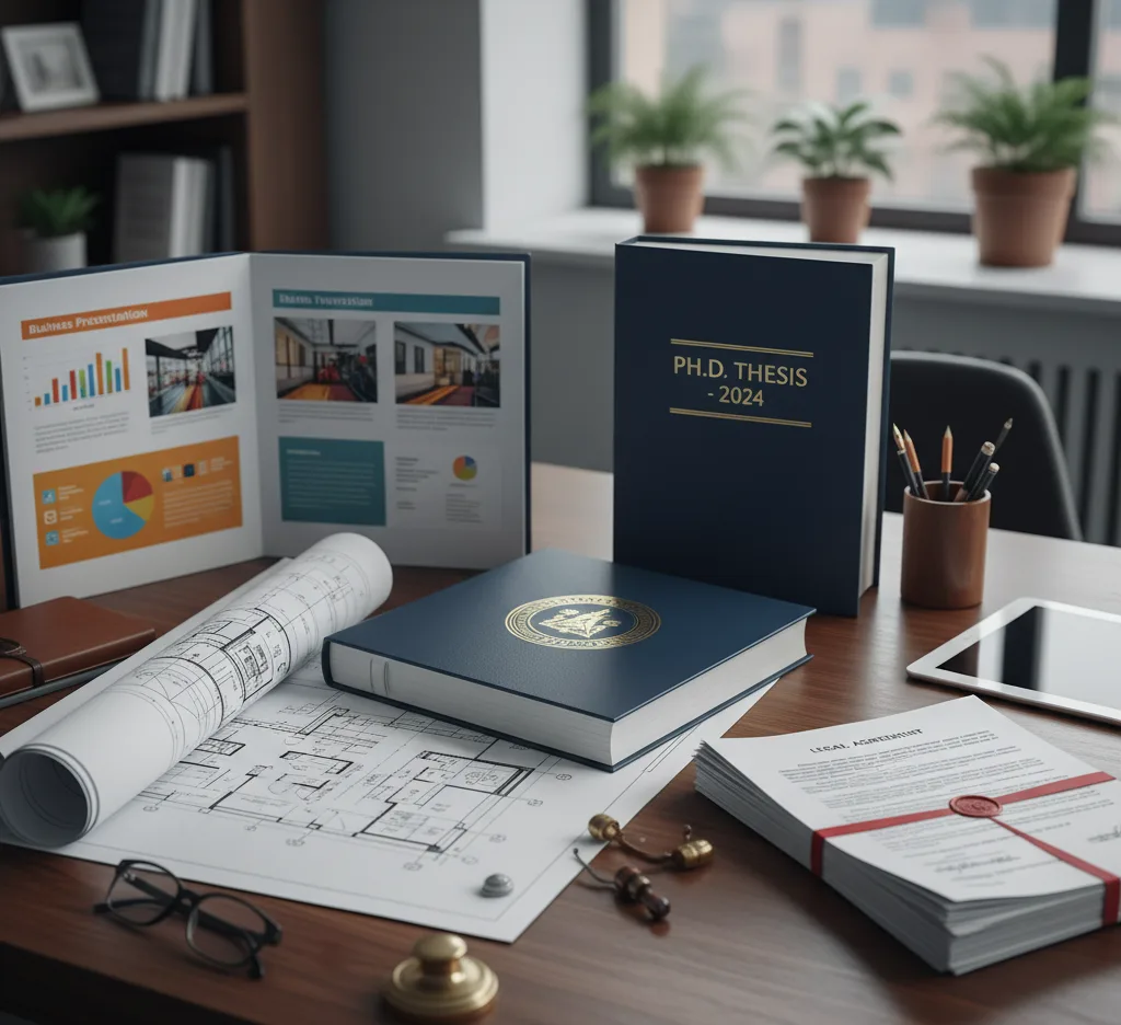 A collection of specialized printed materials including a professionally bound university thesis, a stack of large-format architectural blueprints, and a set of organized, tabbed legal documents.