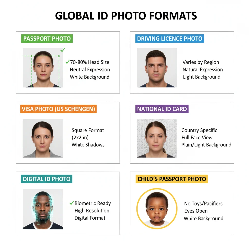 Various passport and ID photo formats for UK passports, driving licences, and international visas available at Suny Graphics