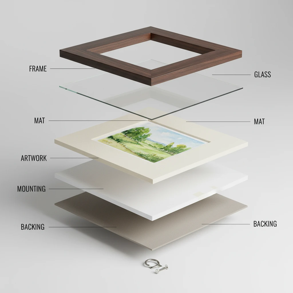 Exploded view diagram of professional picture frame components: frame, glass, mat, artwork, mounting board, and backing board.