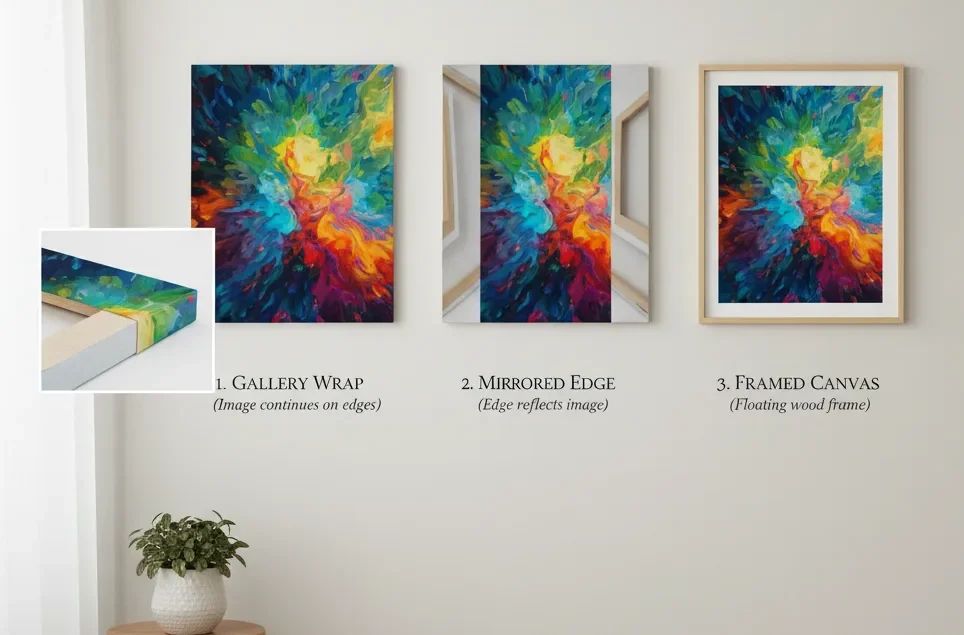 A side-by-side comparison on a light wall of three canvas prints featuring the same abstract art. From left to right: a gallery wrap with the image continuing on the edges, a mirrored edge where the image is reflected on the sides, and a framed canvas with a floating wood frame. A small inset shows a close-up of a gallery wrap corner.