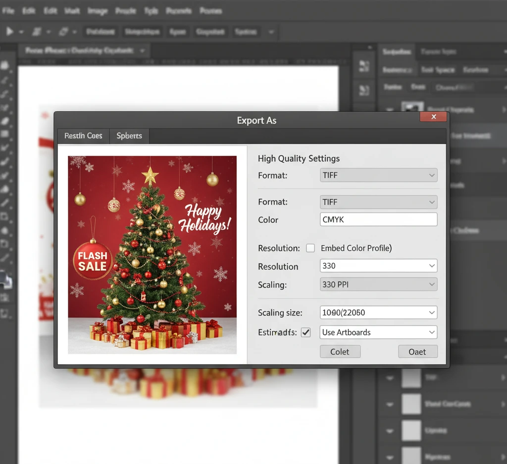 Screenshot of Adobe Photoshop "Export As" dialogue with high-quality print settings for a holiday poster