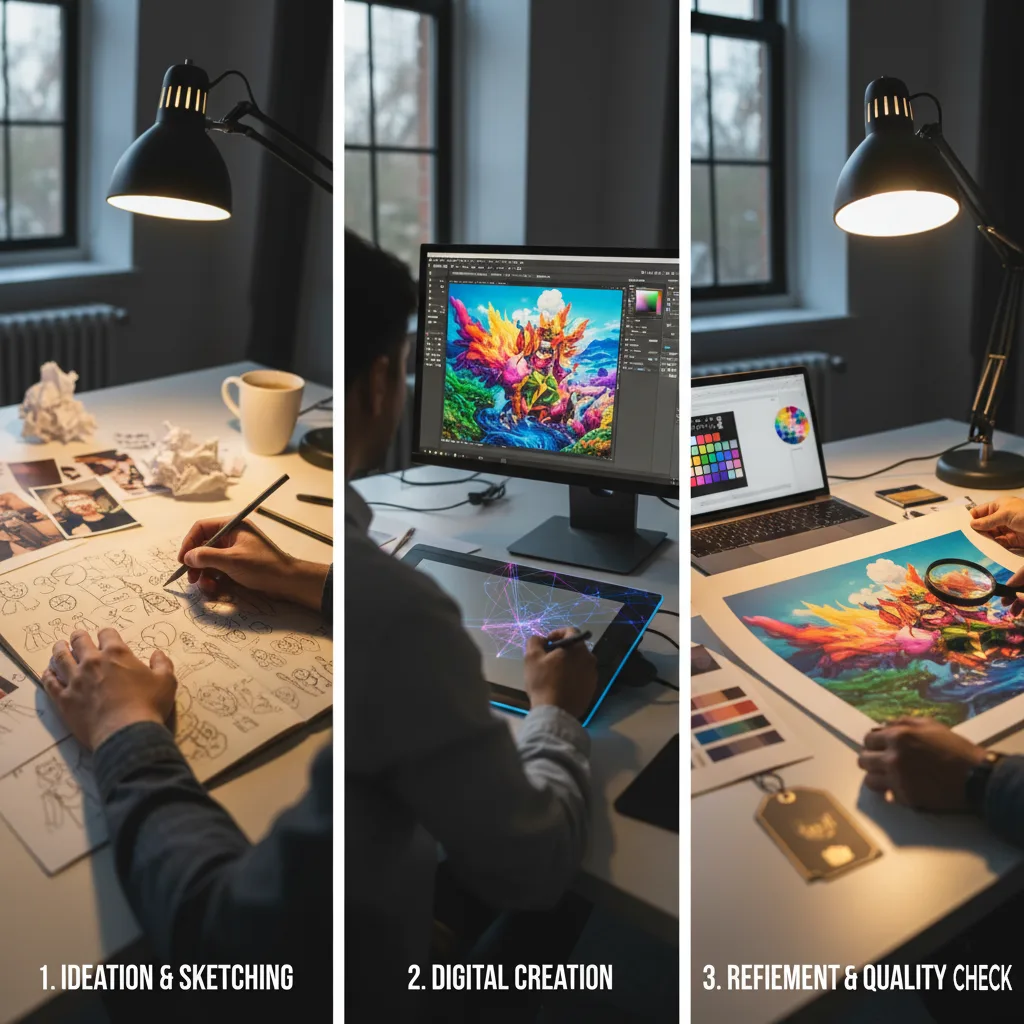 Creative process timeline showing initial pencil sketches, digital line work on a tablet, and the final colored, refined artwork displayed on a screen.