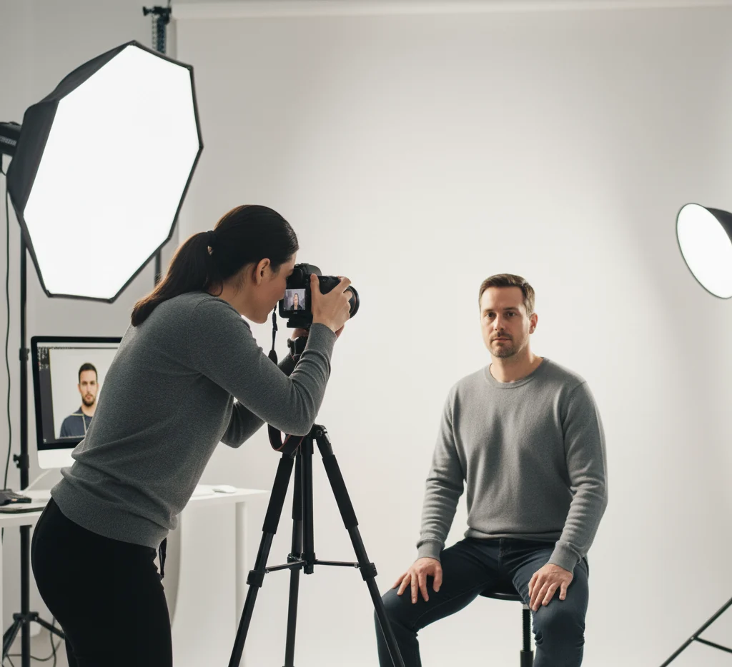 Customer getting professional passport photos taken at Suny Graphics in March, Cambridgeshire