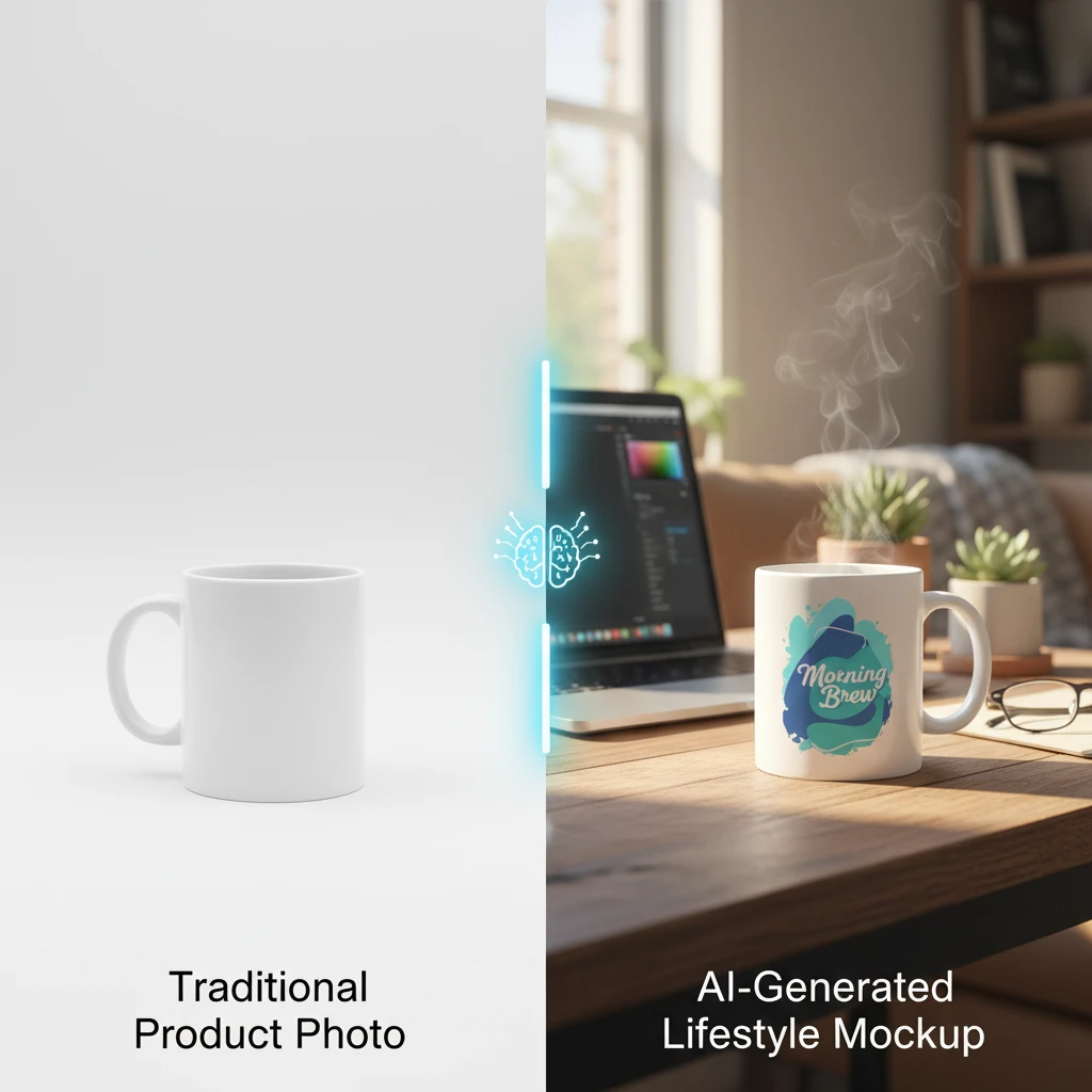 A split-screen image. On the left, a plain white ceramic mug sits isolated on a simple white background, labeled "Traditional Product Photo." On the right, the same white mug, now adorned with a colorful "Morning Brew" logo, sits on a rustic wooden coffee table in a warm, well-lit living room setting, next to a laptop and glasses, labeled "AI-Generated Lifestyle Mockup." A glowing blue line with a small brain icon separates the two halves.