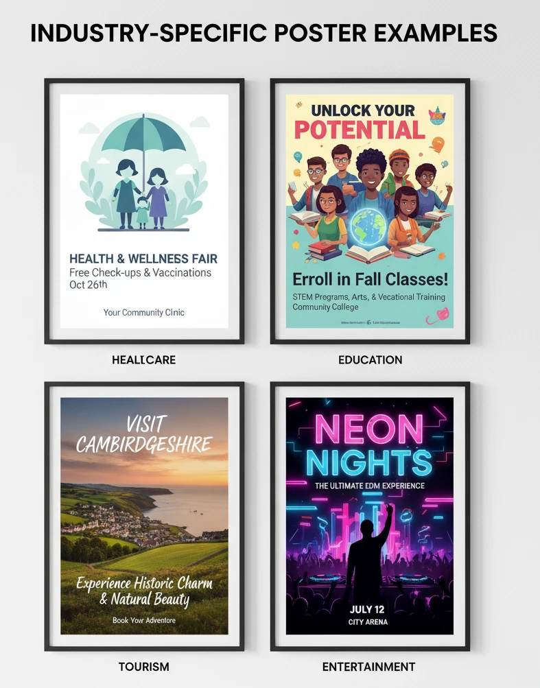 Four industry-specific poster examples: a 'Health & Wellness Fair' poster, an 'Enroll in Fall Classes' educational poster, a 'Visit Cambridgeshire' tourism poster, and a 'Neon Nights' music event entertainment poster.