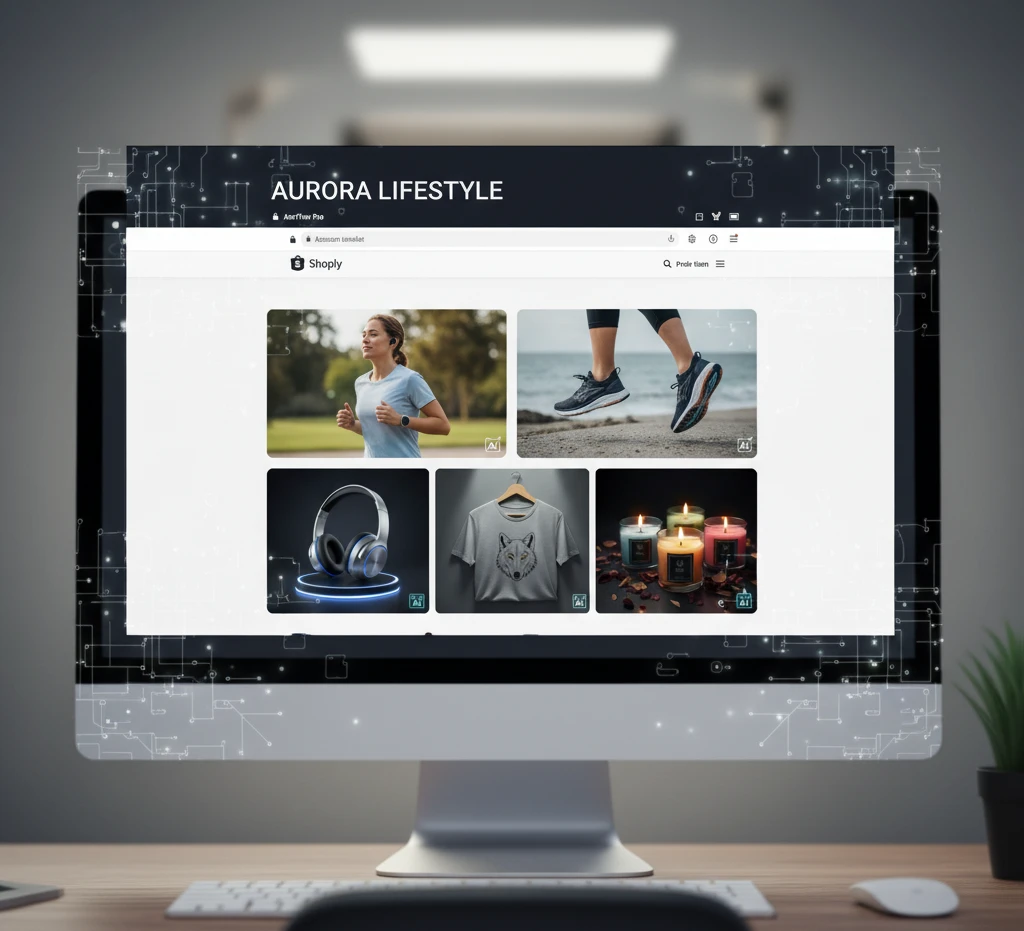 A computer monitor displaying a mock online store interface titled "AURORA LIFESTYLE." The interface shows a grid of AI-optimized product images, including a woman jogging outdoors, a close-up of running shoes on a beach, over-ear headphones on a glowing podium, a grey t-shirt with a wolf design, and three lit scented candles, each subtly marked with an "AI" icon.
