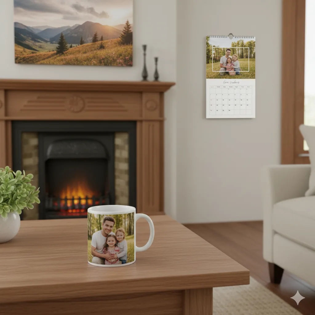 A warm and inviting living room scene showcasing a collection of personalized photo gifts. A white ceramic mug with a family photo is on a wooden coffee table, a custom photo calendar hangs on the wall, and a large scenic canvas print is displayed above a fireplace with a lit fire.