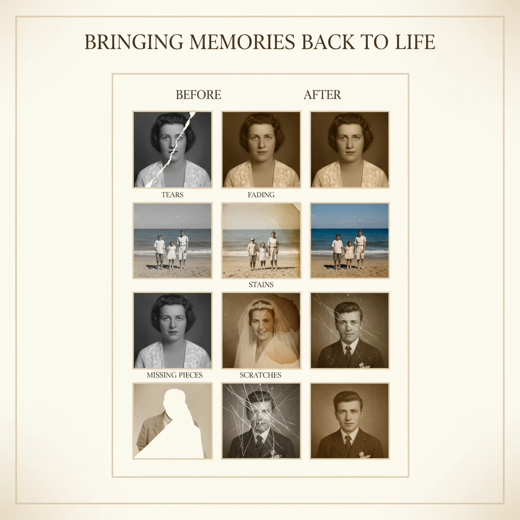 Before and after comparison grid showing the restoration of photo damage types: tears, fading, stains, scratches, and missing pieces.