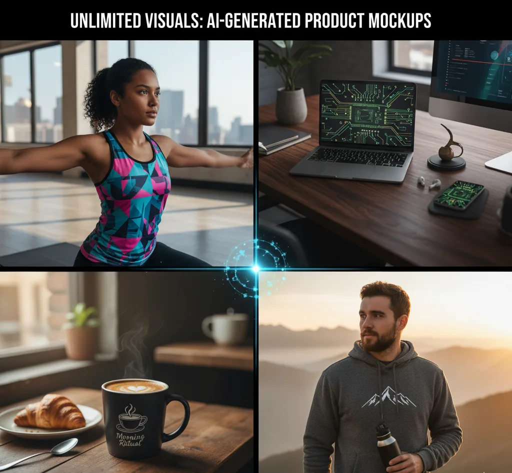A four-panel collage demonstrating diverse AI-generated product mockups. Top left shows a woman in athletic wear in a yoga pose. Top right features a laptop and smartphone with circuit board designs on a wooden desk. Bottom left displays a black coffee mug with a "Morning Ritual" logo next to a croissant on a wooden table. Bottom right shows a man in a branded hoodie holding a water bottle with mountains in the background.