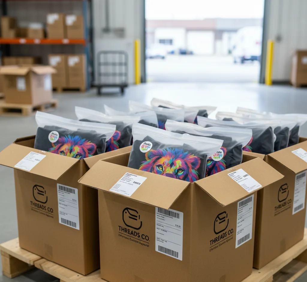 A stack of neatly folded black t-shirts, each featuring a colorful lion design, individually sealed in clear poly mailer bags and placed inside brown cardboard shipping boxes, ready for delivery.