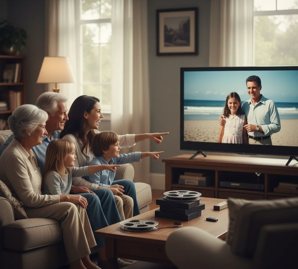 A multi-generational family (grandparents, parents, children) happily watching digitized old home videos or photos on a large TV screen in their living room, pointing and smiling at the memories.