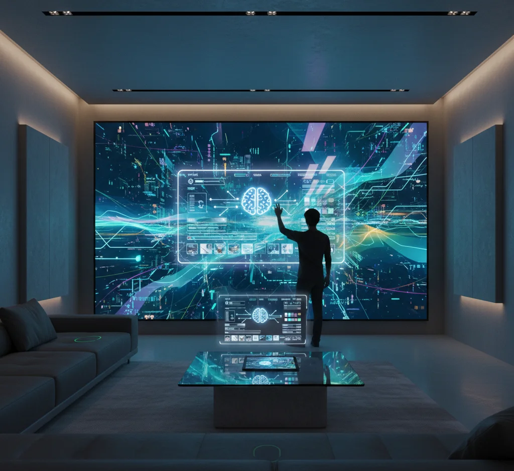 A person interacts with a large, futuristic digital display showcasing abstract, glowing circuit board patterns and data visualizations within a modern living room setting.