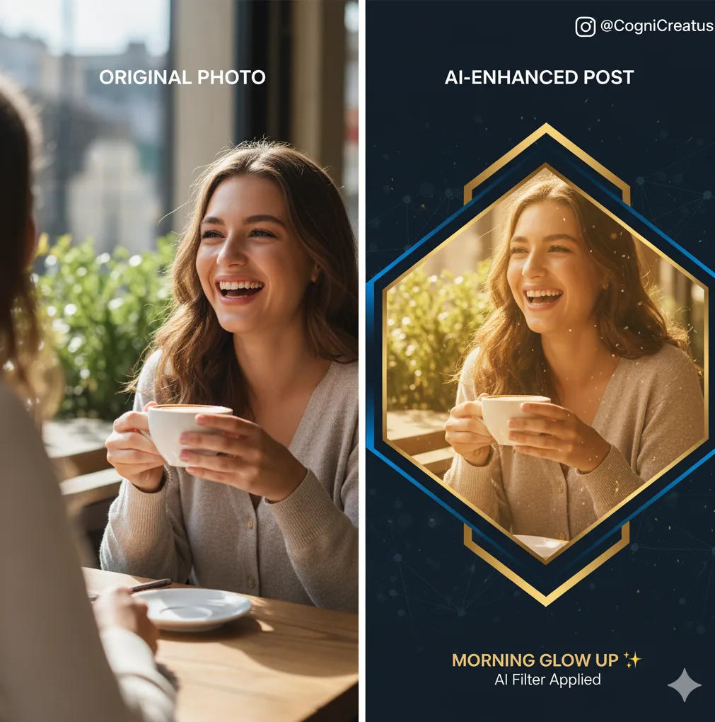 "A side-by-side comparison. On the left, an original photo of a woman smiling and holding a coffee cup in a cafe setting. On the right, the same photo is presented as an AI-enhanced social media post with a dark blue and gold hexagonal branded overlay, subtle glowing effects, and text indicating 'AI-ENHANCED POST' and 'MORNING GLOW UP ✨ AI Filter Applied'.""Two images displayed next to each other: an unedited photograph of a happy woman at a coffee shop versus an AI-filtered version of the same photo integrated into a branded social media template with glowing particles and a decorative frame."