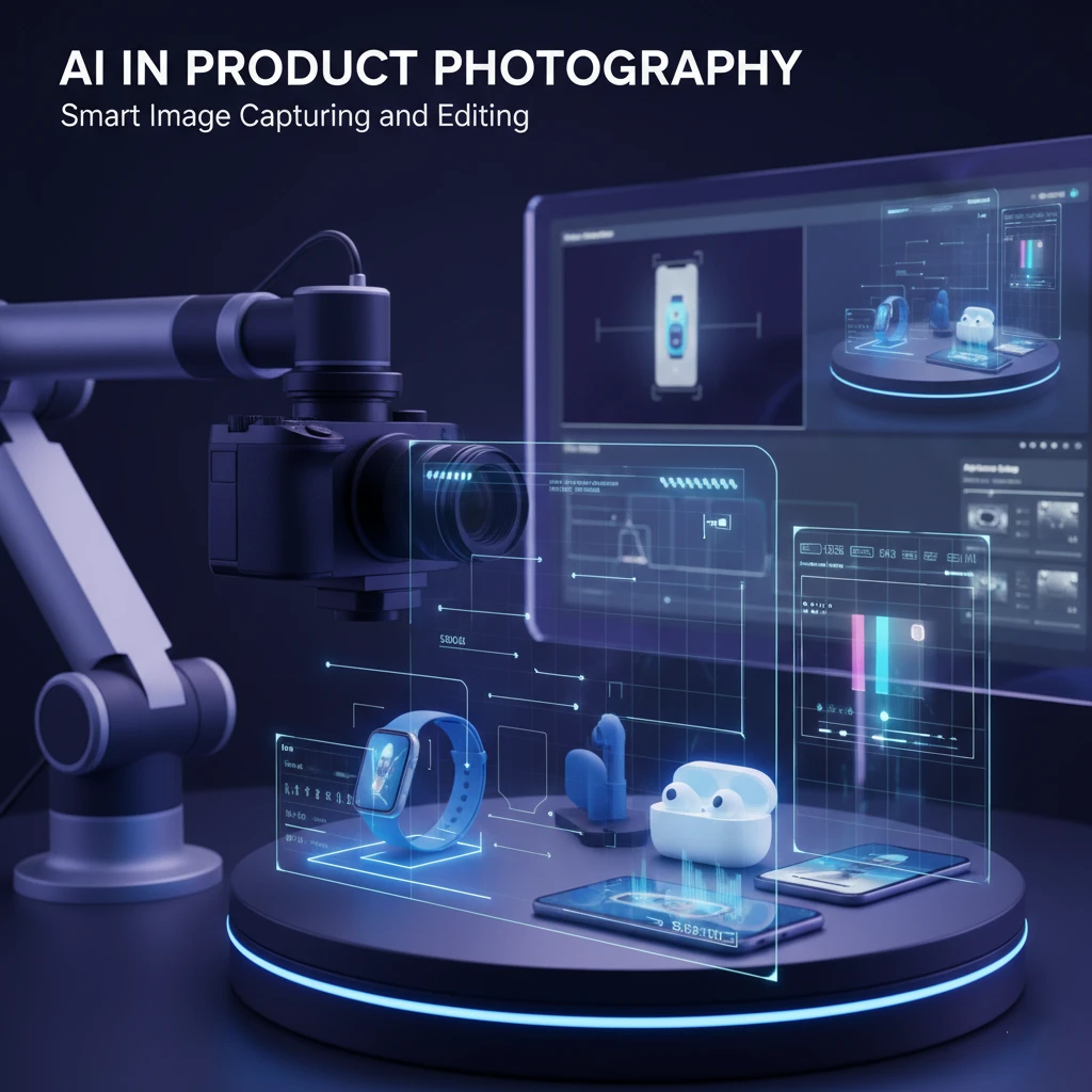 Modern tech setup demonstrating AI software for enhanced product visuals, featuring camera, smartwatch, phone, and earbuds.