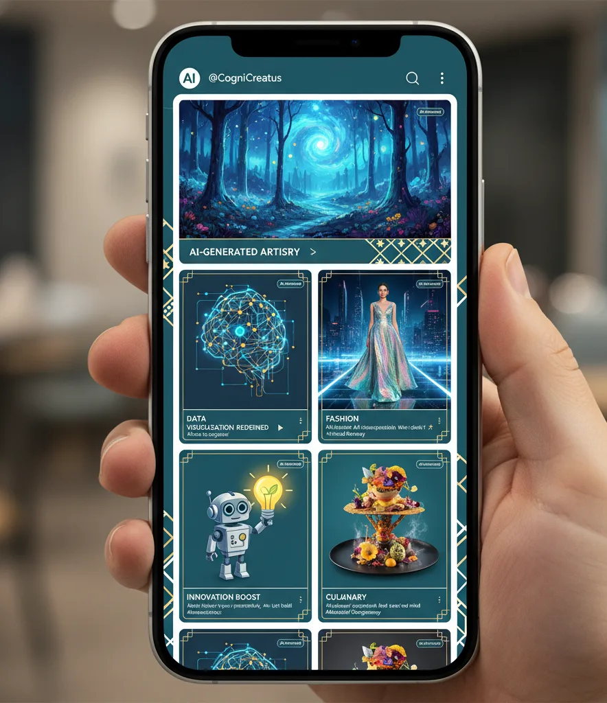  "A hand holds a smartphone displaying a social media feed mockup. The feed showcases various AI-enhanced images and graphics with a consistent dark teal and gold branding. Posts include an AI-generated fantasy forest, a glowing brain representing data visualization, a futuristic fashion model, a robot holding a lightbulb for innovation, and an elaborate culinary dish.""Smartphone screen showing an AI-powered social media feed with a series of branded visual posts: digital art, data visualization, fashion photography, a robot character, and food styling. The overall aesthetic is professional and modern."