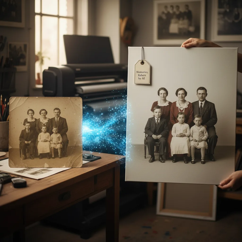 On the left, an antique, sepia-toned black and white photograph of a family of five sits on a wooden desk, showing signs of age. A shimmering blue digital light effect connects it to the right, where a pair of hands holds up a large, pristine canvas print of the same family, now vibrant, clear, and seemingly colorized, with a "Memories, Reborn by AI" tag attached. A large format printer is visible in the background, hinting at the printing process.