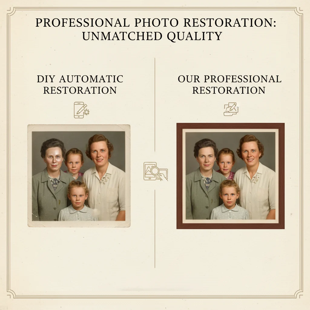 Comparison showing the poor quality of DIY automatic restoration next to the high-quality, detailed results of professional photo restoration.