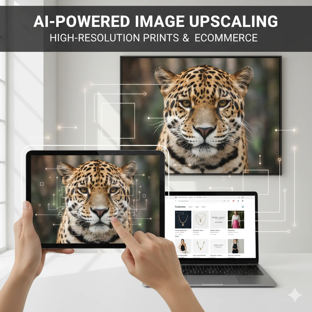 A digital image shows a jaguar's face being upscaled from a tablet display to a larger framed print on the wall, with lines illustrating the data flow. A laptop on the desk displays an e-commerce website with product images, all against a bright, modern office window.