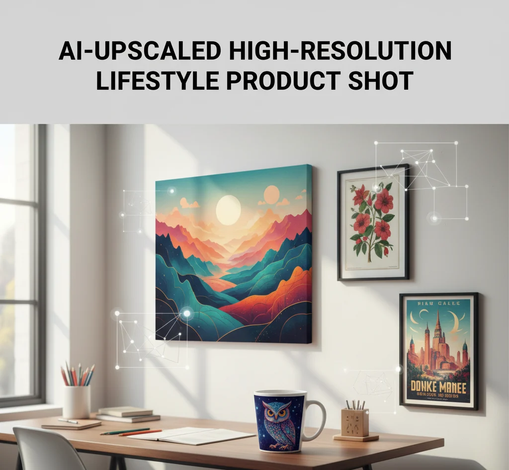 A modern, sunlit home office scene featuring AI-upscaled products. On the wall, a large, vibrant canvas print of a stylized mountain sunset hangs beside two framed posters: one with red hibiscus flowers, and another a travel-style poster of a European city. On the desk, a coffee mug with an intricate owl design sits near papers and pens.