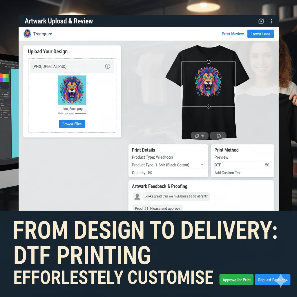 A screenshot of a web application showing the process of uploading and reviewing custom t-shirt artwork. The interface displays an uploaded "Lion_Final.png" file, a preview of the colorful lion design on a black t-shirt, print details, and an "Artwork Feedback & Proofing" section with a comment.
