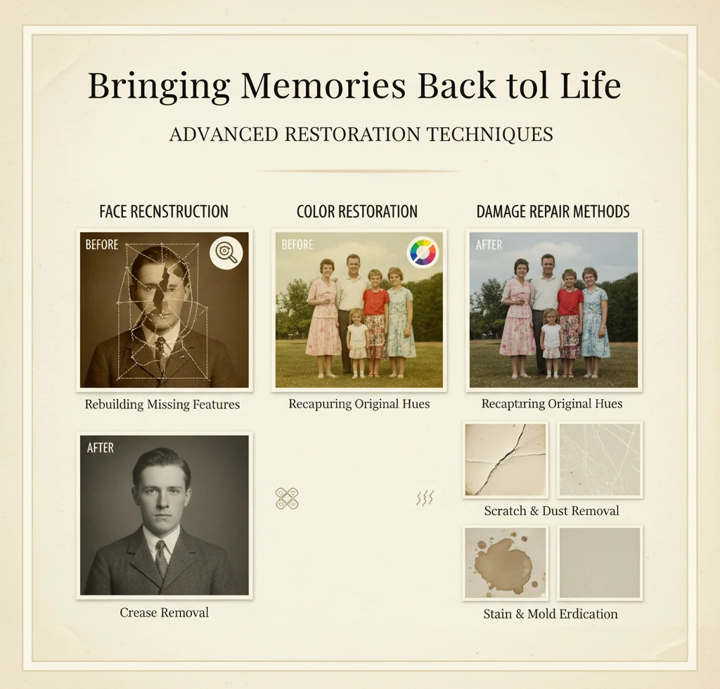 Visual guide to advanced photo restoration techniques: face reconstruction, color restoration, and damage repair methods for scratches, dust, creases, stains.