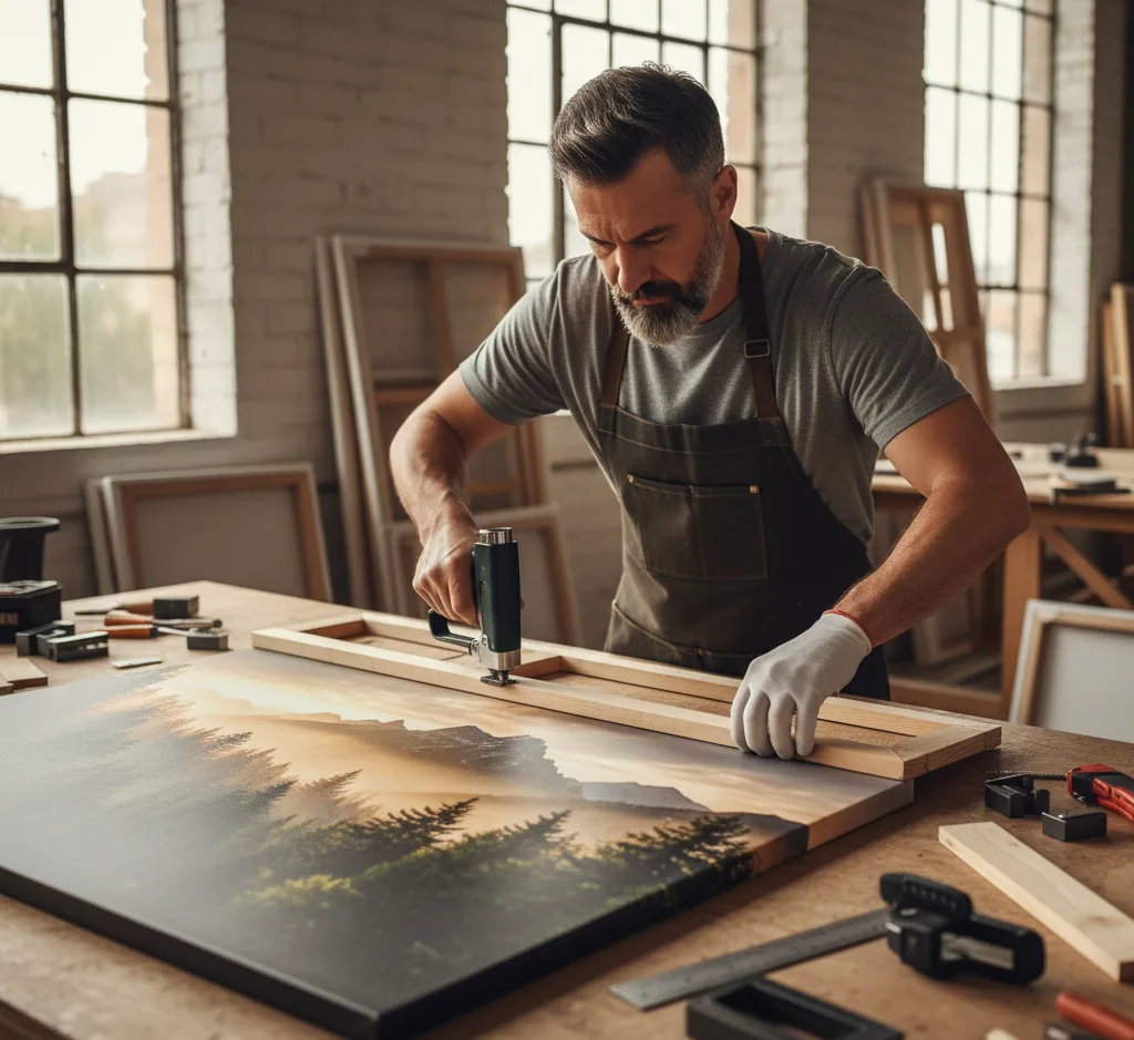 A wide shot of a brightly lit professional workshop where multiple artisans collaborate to stretch a very large, printed canvas featuring a vibrant mountain sunset scene onto a substantial wooden frame using various tools, showcasing the scale and teamwork involved.