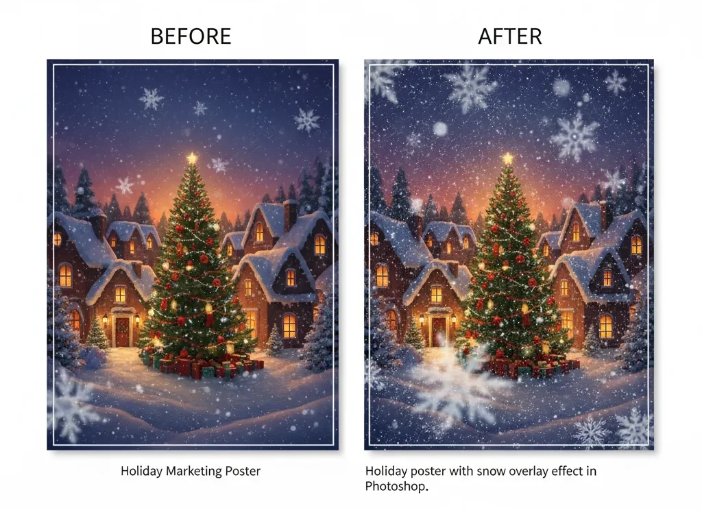 Side-by-side comparison of a poster before and after applying a realistic snow effect in Photoshop