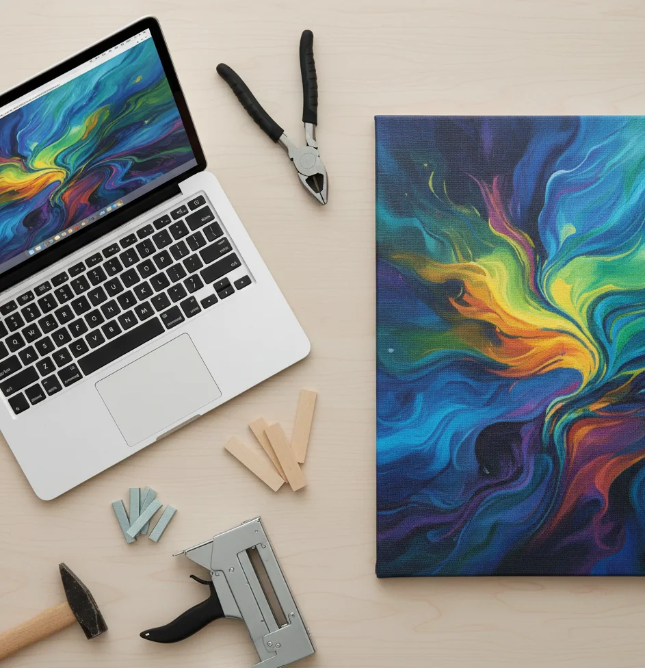 A close-up, side-angle view of a thick gallery-wrapped canvas print hanging on a white wall, clearly showing the clean, folded edges of the canvas where the image wraps around the 1.5-inch stretcher bar.