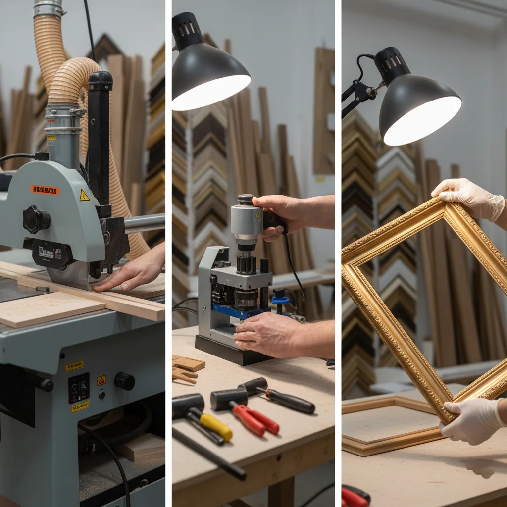 Behind-the-scenes look at the professional picture framing process showing a framer cutting a mat, assembling a corner, and conducting a final quality check.