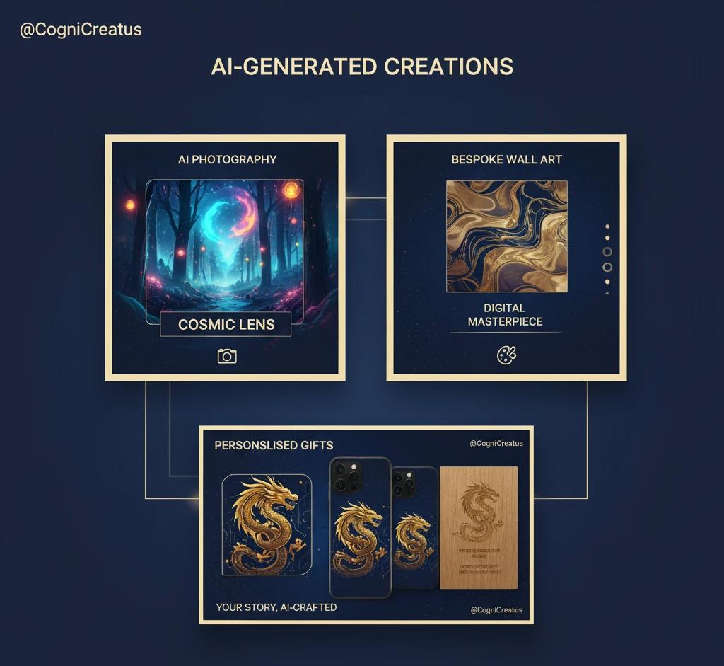 "A collage of three distinct AI-generated social media post mockups, interconnected by lines on a dark background. The top left shows 'AI PHOTOGRAPHY' with a mystical forest scene. The top right shows 'BESPOKE WALL ART' with an abstract gold and blue swirling pattern. The bottom shows 'PERSONALISED GIFTS' featuring a golden dragon design applied to phone cases and a wooden plaque, emphasizing customizable products.""Digital display showcasing three examples of AI-powered creative outputs: a fantasy landscape image for photography, an elegant liquid gold and blue abstract art for wall decor, and custom golden dragon designs on tech accessories and a wooden item for personalized gifts."