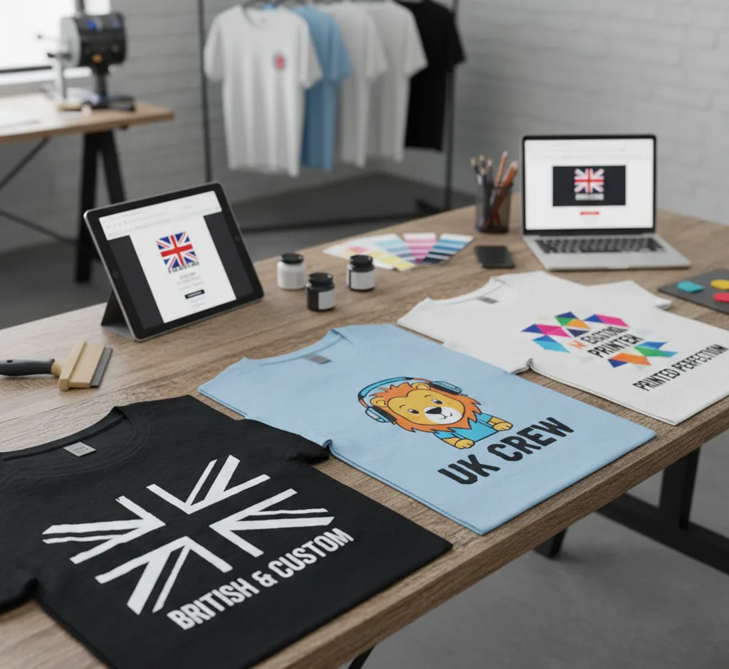 A close-up of custom printed t-shirts on a wooden table, featuring UK flags and designs, next to a tablet and laptop displaying an online t-shirt design interface.