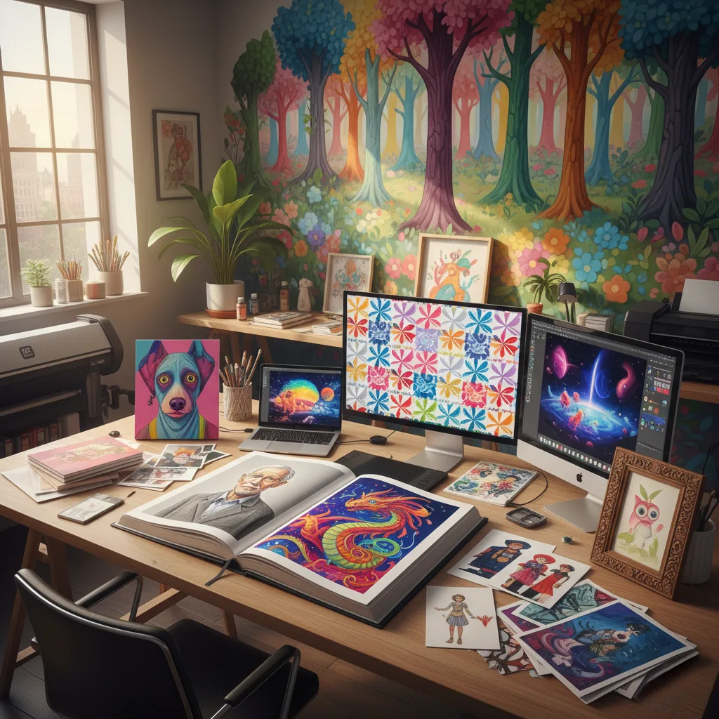 Digital portfolio display showcasing diverse custom art: realistic portrait, intricate illustration, abstract digital painting, repeating pattern design, and a large-scale mural mock-up.